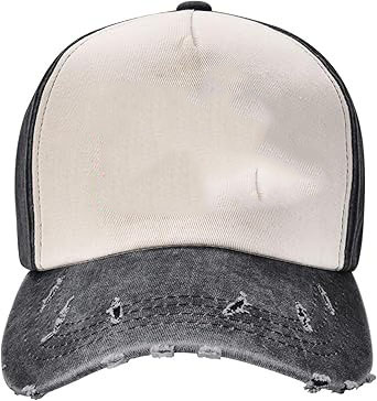 Vista frontal de una gorra trucker de estilo vintage con visera vaquera negra desgastada y panel frontal blanco liso.