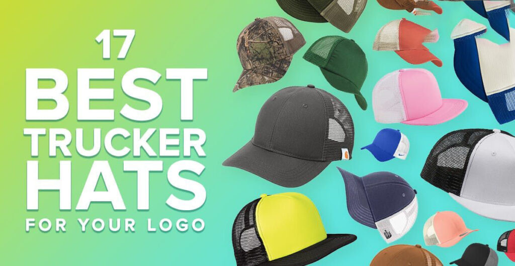 Una selección de coloridas gorras de camionero con paneles delanteros blancos y varios paneles traseros de malla en naranja, rosa, rojo, azul y verde.