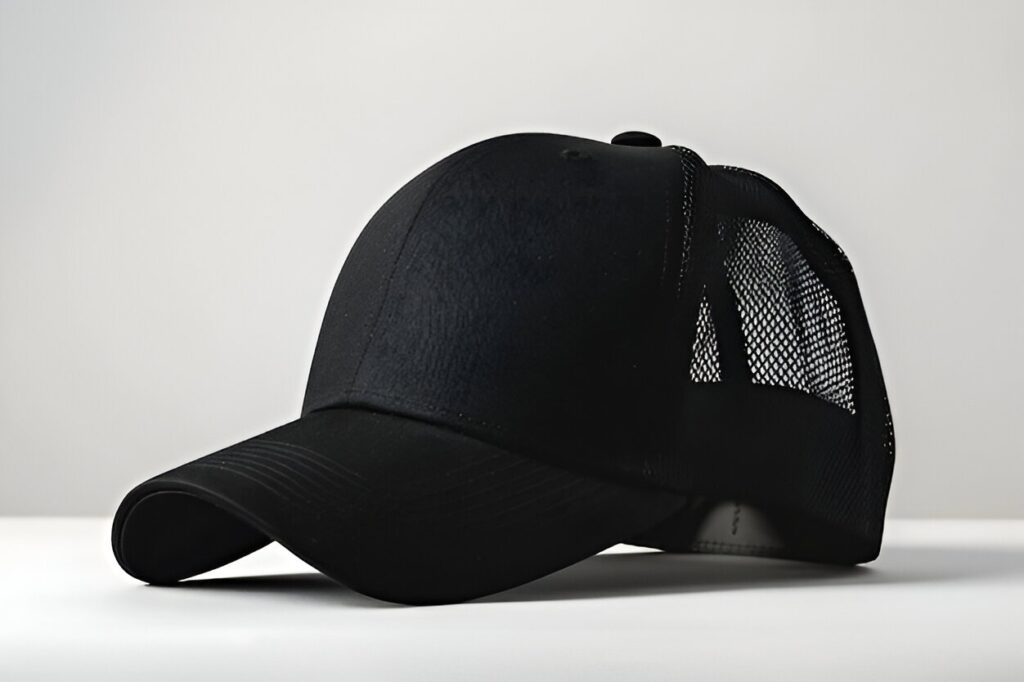 Gorra negra de camionero con parte trasera de malla y visera curvada.