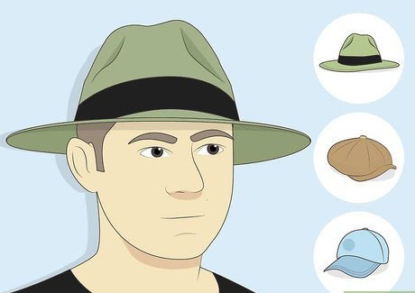 Ilustración de un hombre con un sombrero de fieltro verde de ala ancha, con imágenes más pequeñas de una gorra marrón y otra azul claro a su lado.