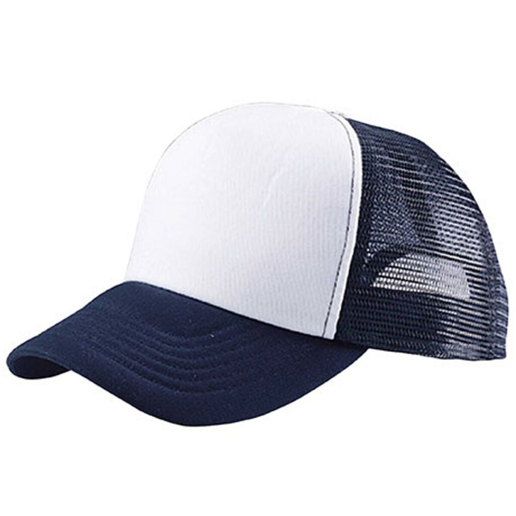 Gorra de camionero en azul marino y blanco con panel frontal blanco y ala azul marino, con laterales de malla para mayor transpirabilidad.