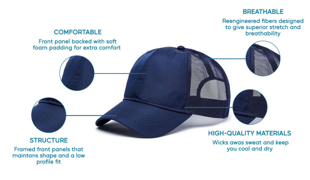 Primer plano de una gorra trucker azul marino con características etiquetadas como comodidad, transpirabilidad, estructura y materiales de alta calidad.