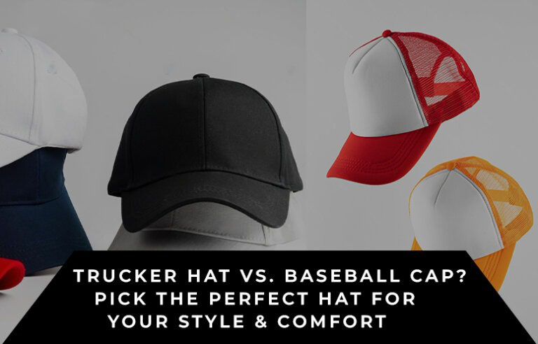 Comparación de una gorra de béisbol negra, una gorra de camionero blanca y roja, y una gorra de camionero blanca y naranja, con un texto que aconseja elegir la gorra perfecta por su estilo y comodidad.