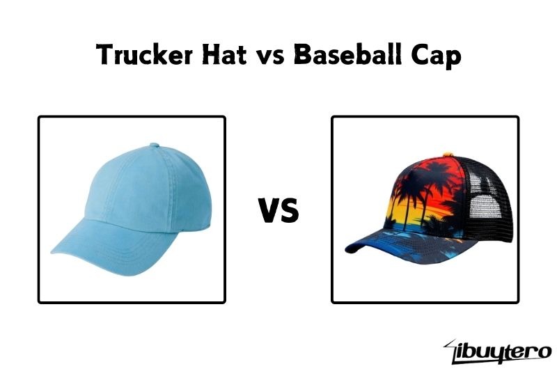 Comparación entre una gorra de béisbol azul lisa (izquierda) y una colorida gorra de camionero con un diseño de atardecer tropical (derecha), destacando sus diferentes estilos.