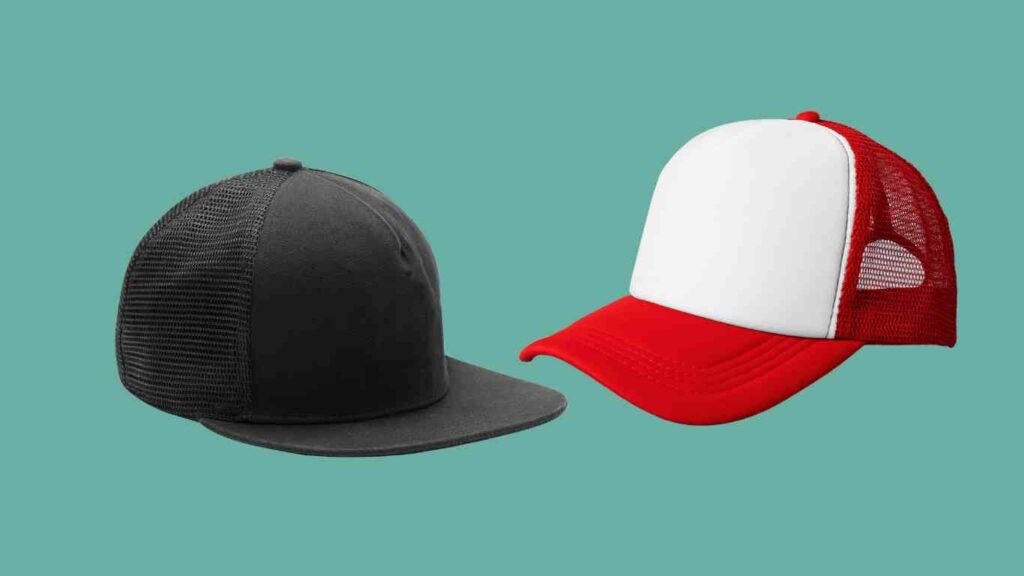 Gorras de camionero de malla negra y roja con diferentes diseños.