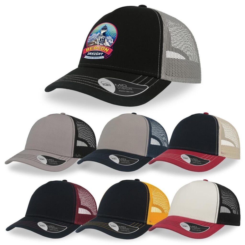  Una selección de gorras de camionero en varios colores, como negro, gris, azul marino, granate, amarillo y blanco, con el logotipo "Beacon Draught" en la gorra negra y paneles de malla en los laterales.