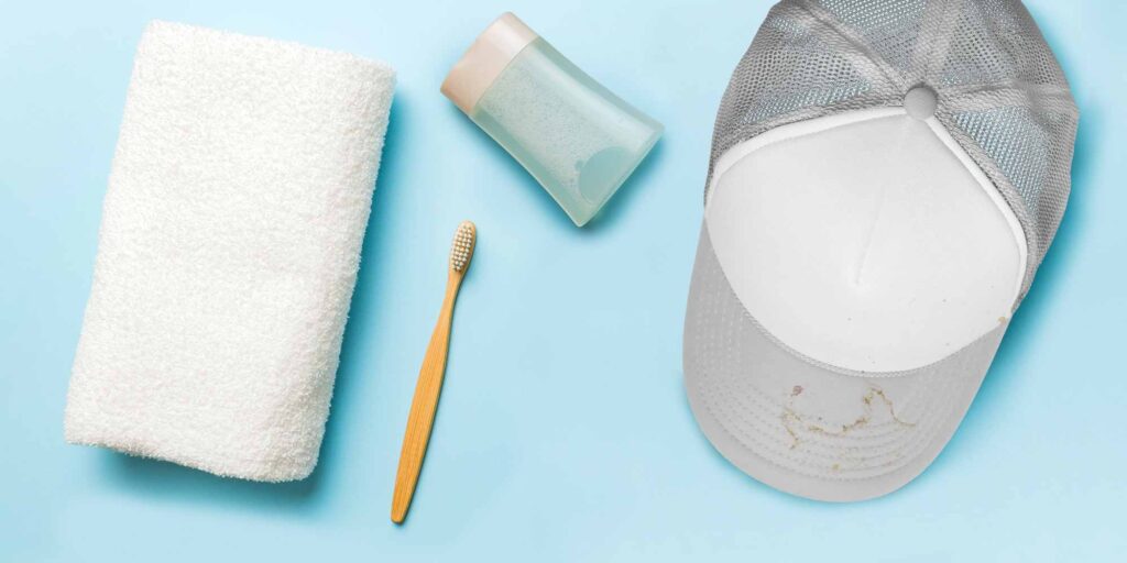 Gorra de camionero blanca y gris sucia con artículos de limpieza que incluyen una toalla, un cepillo de dientes y jabón sobre fondo azul.