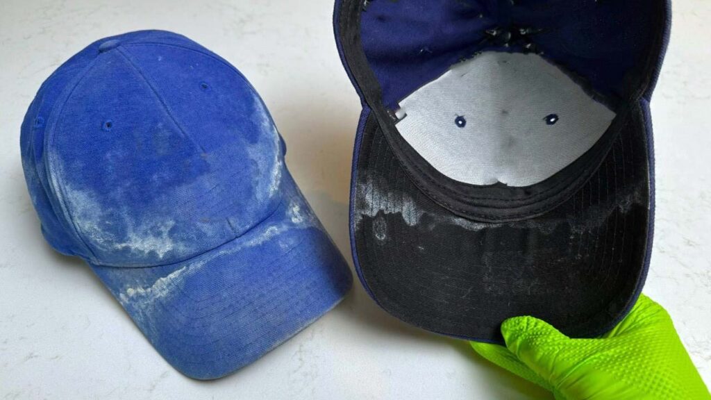 Dos gorras de béisbol que muestran manchas visibles de sudor; una es azul con fuertes marcas blancas de sal, la otra es negra con decoloración interior por sudor.