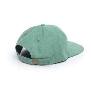 Adjustable green corduroy baseball cap shown from back side.