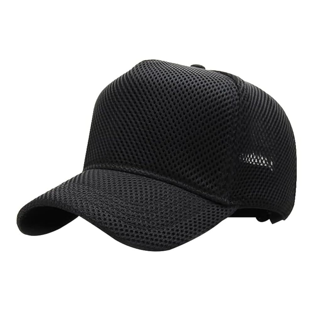 Black breathable mesh baseball cap with adjustable strap.