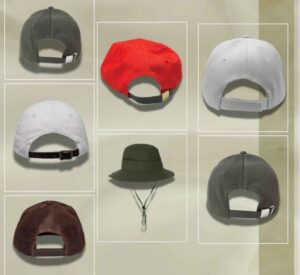 Different styles of adjustable hats and a bucket hat displayed