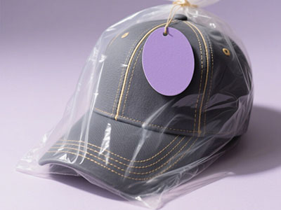Gray baseball cap with yellow stitching sealed in clear plastic bag with purple tag.