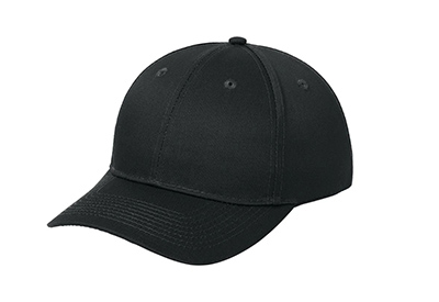 Simple black baseball cap with curved brim and ventilation eyelets.
