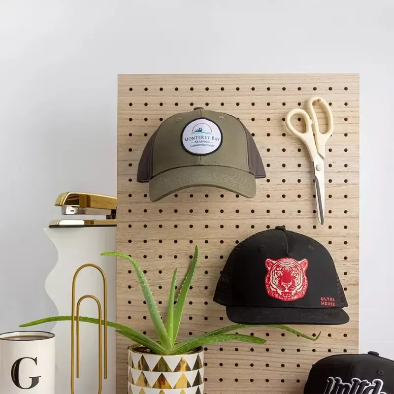 Pegboard with baseball caps, scissors, and indoor plant on modern desk.
