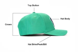 Green baseball cap labeled with top button, crown, hat body, and brim sections