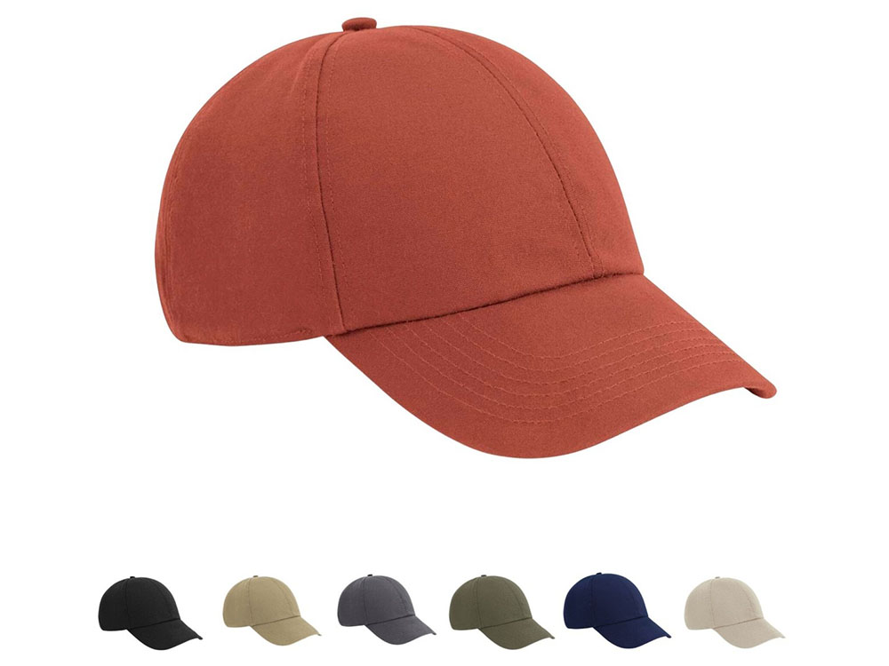Variety of six baseball caps in different colors including red, black, beige, gray, green, and navy.