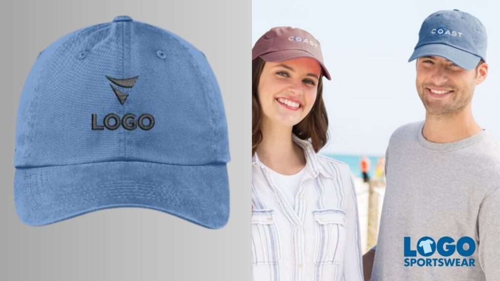 Branded baseball caps with embroidered logos worn by smiling couple on the beach.
