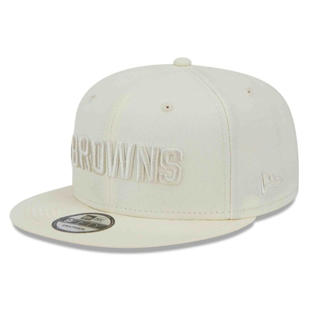 White snapback hat with embossed logo front