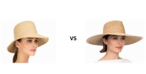 Comparison of woman wearing visor hat with short brim and wide-brimmed sun hat.
