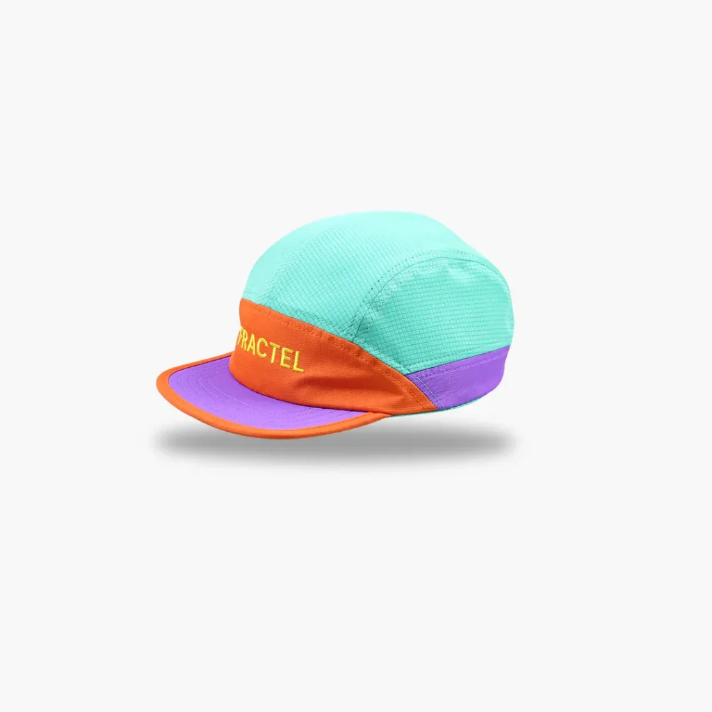 Lightweight multicolor running cap with mesh panels.