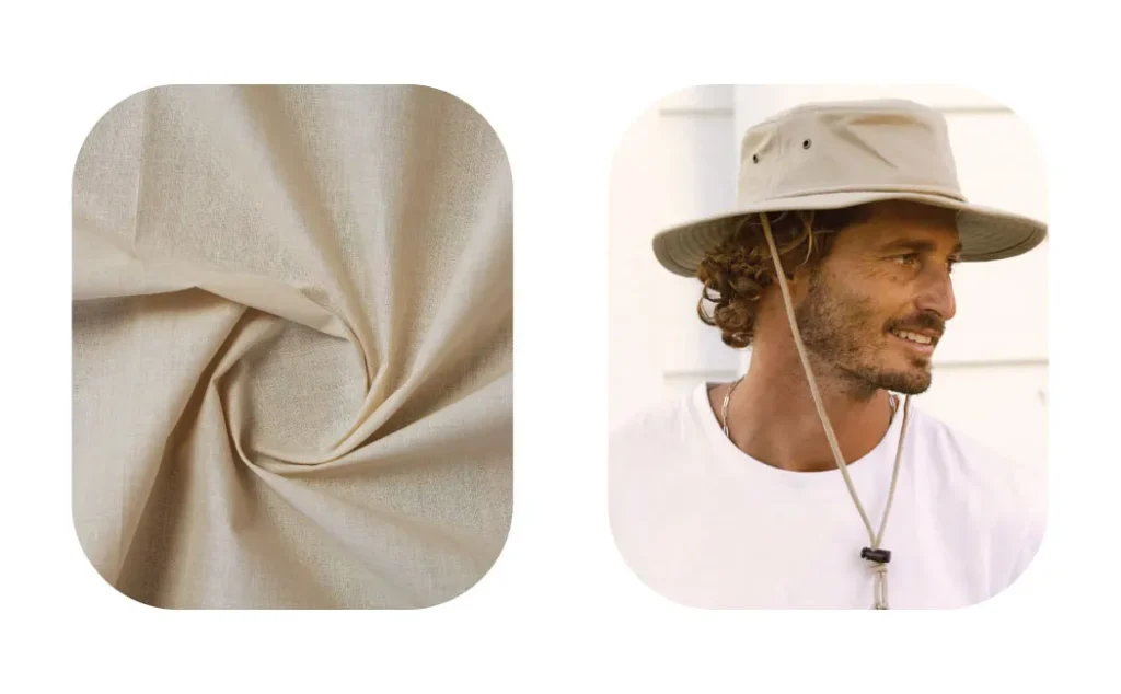 Close-up of beige cotton fabric and man wearing beige wide-brimmed hat with chin strap.