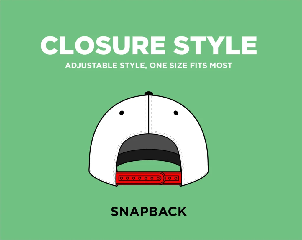 Illustration of snapback adjustable hat closure on green background.