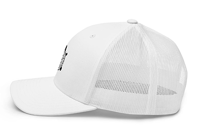 Side view of white baseball cap with mesh back and embroidered front logo.