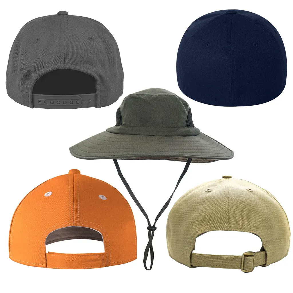 Five different hat closures including snapback, fitted, strapback, and adjustable outdoors hat.