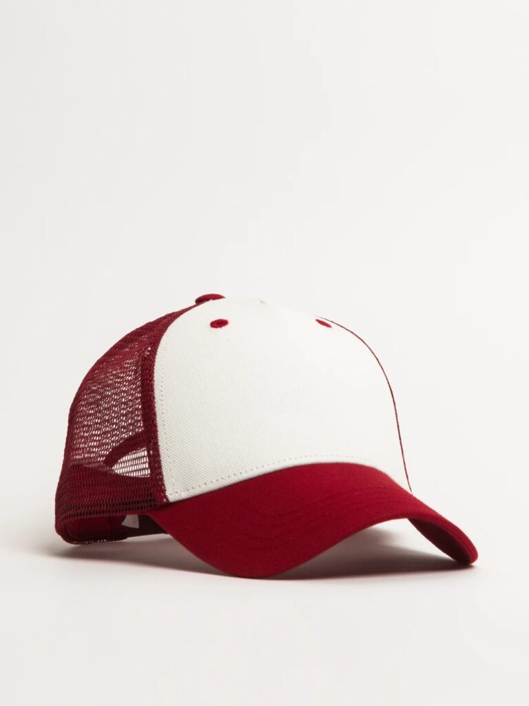 Red mesh back cap with white front and curved red visor.
