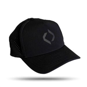 Black trucker cap with perforated mesh back and minimalist logo on front