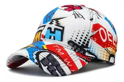 Colorful graffiti-style printed baseball cap with abstract comic design.