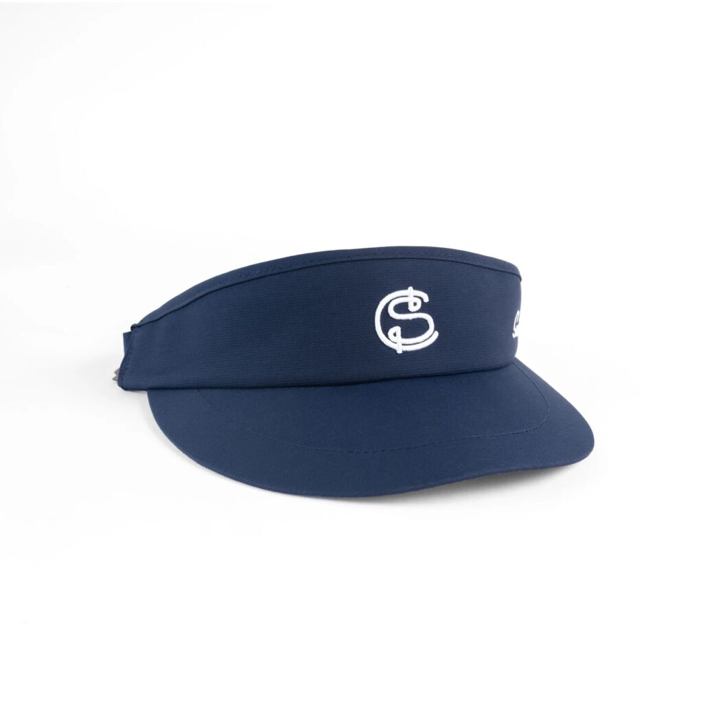Dark blue golf visor with embroidered white logo on front panel
