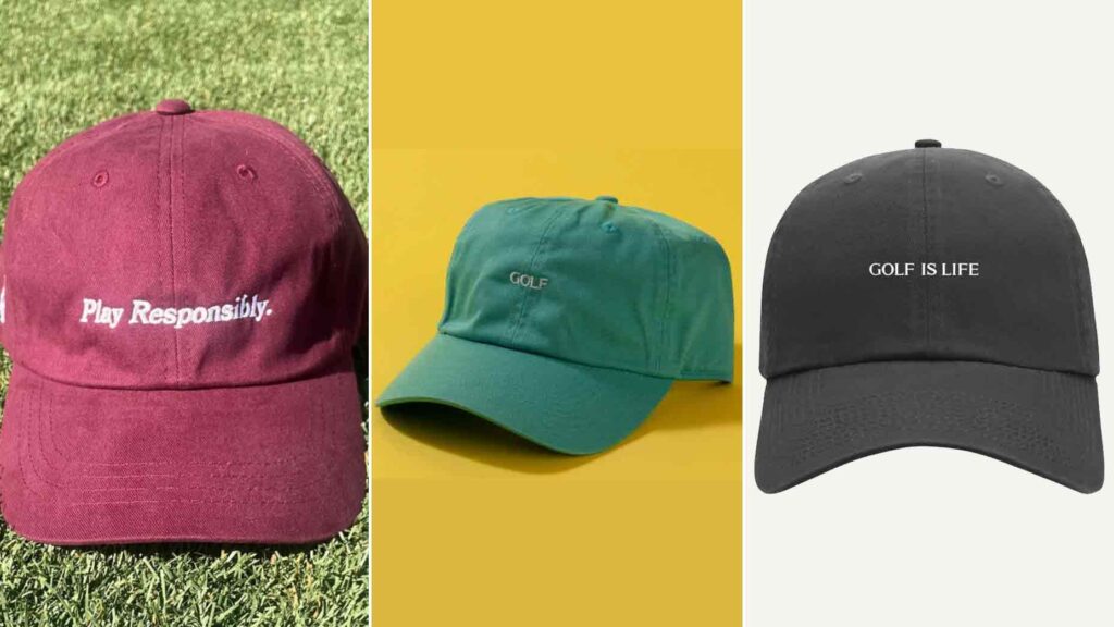 Three embroidered golf caps with slogans: Play Responsibly, GOLF, and GOLF IS LIFE