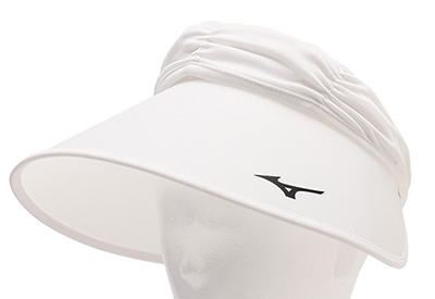 White sports visor with black logo on side displayed on mannequin head.