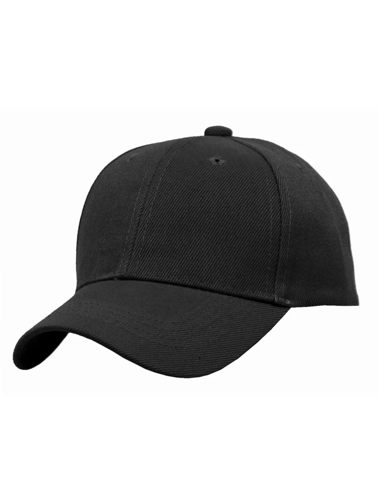 Classic black baseball cap with curved brim and structured front panels.
