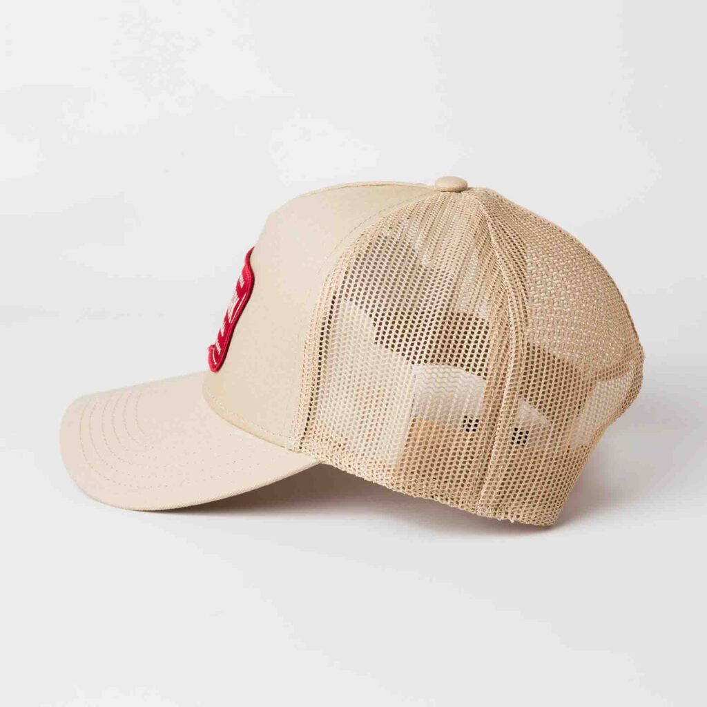 Beige trucker hat with mesh back