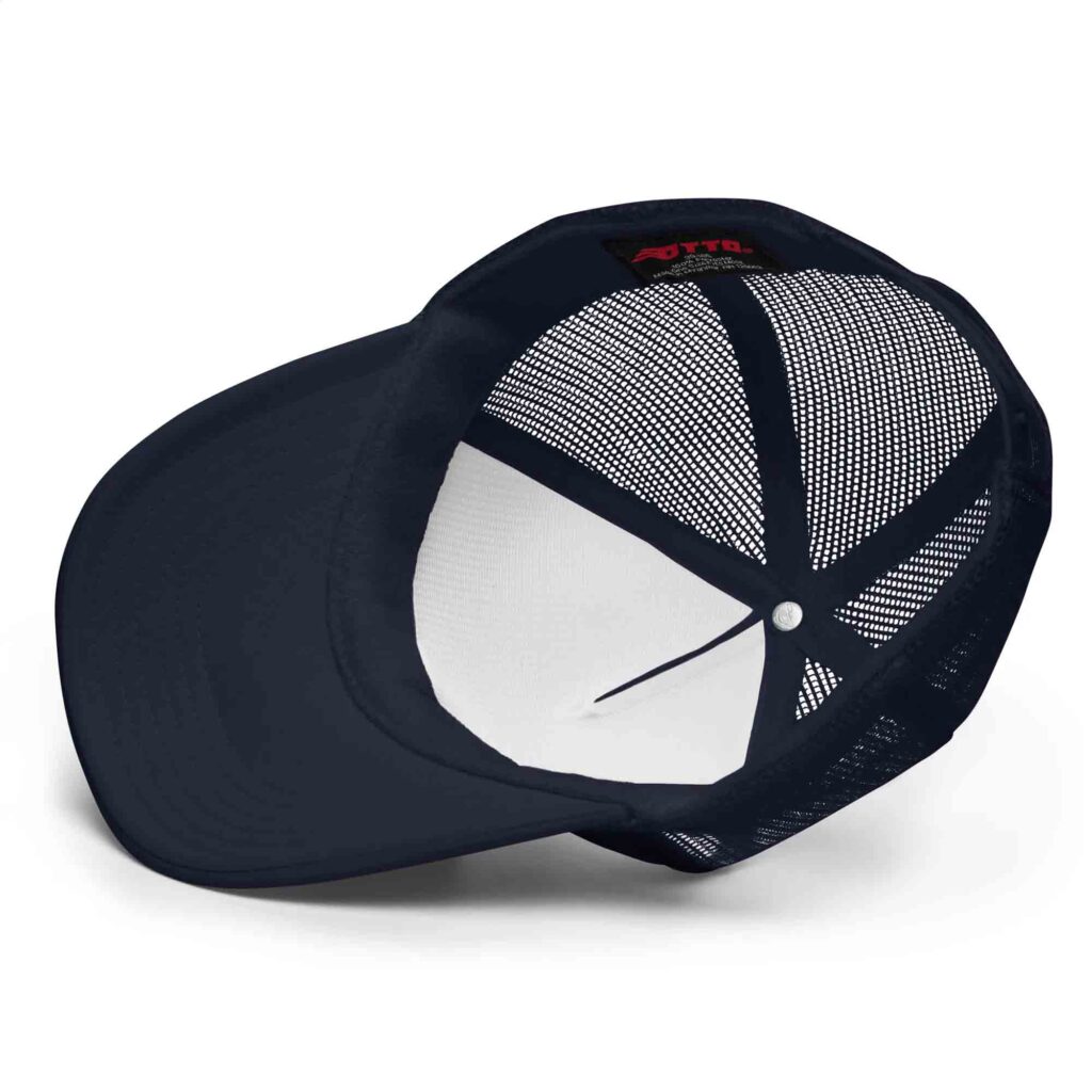 Black mesh baseball cap with curved brim and adjustable back strap.