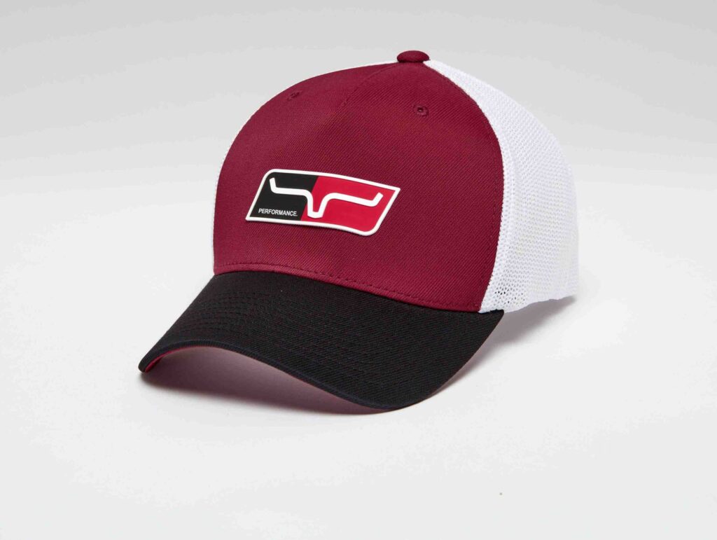 Maroon front cap with white mesh back and black bill