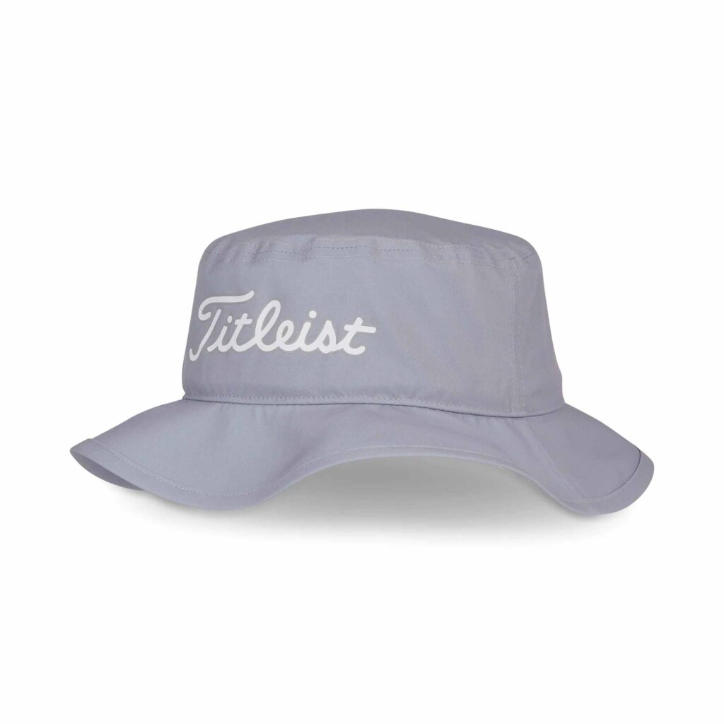 Light gray Titleist bucket hat with wide brim and white logo embroidery