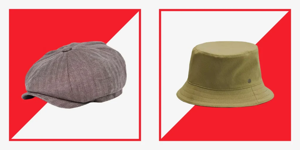 Gray patterned newsboy cap and Olive green cotton bucket hat