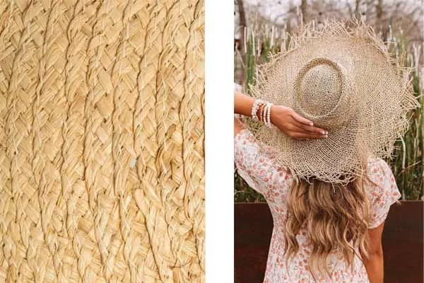 Close-up of woven straw fabric and woman wearing large straw sunhat outdoors.