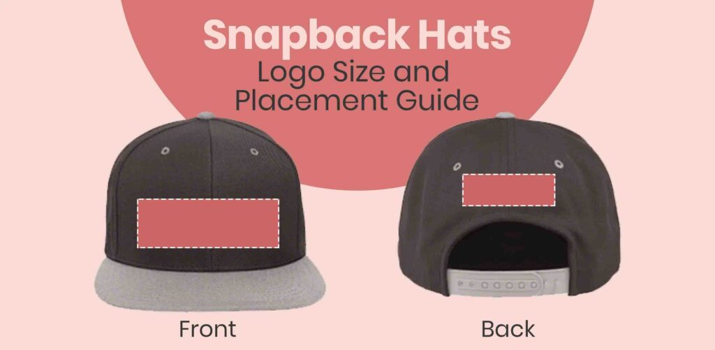 Snapback hat showing recommended logo placement on front and back panels.