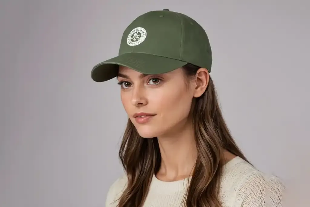 Donna con cappellino da baseball verde con logo rivolto in avanti.