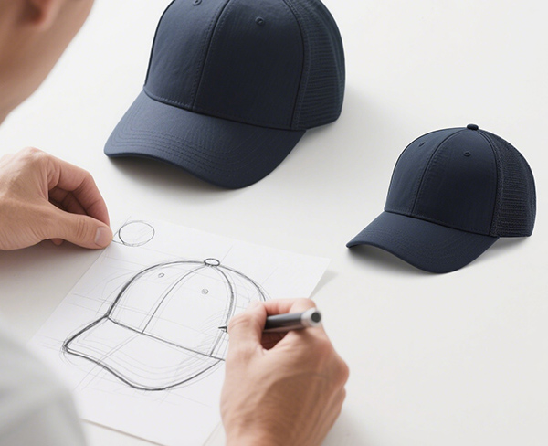 Designer sketching a navy baseball cap with two finished caps on white table.