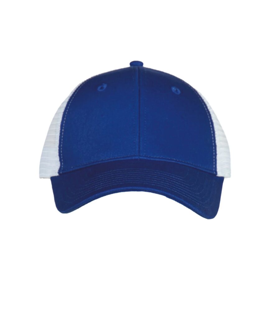 Front view of blue trucker hat