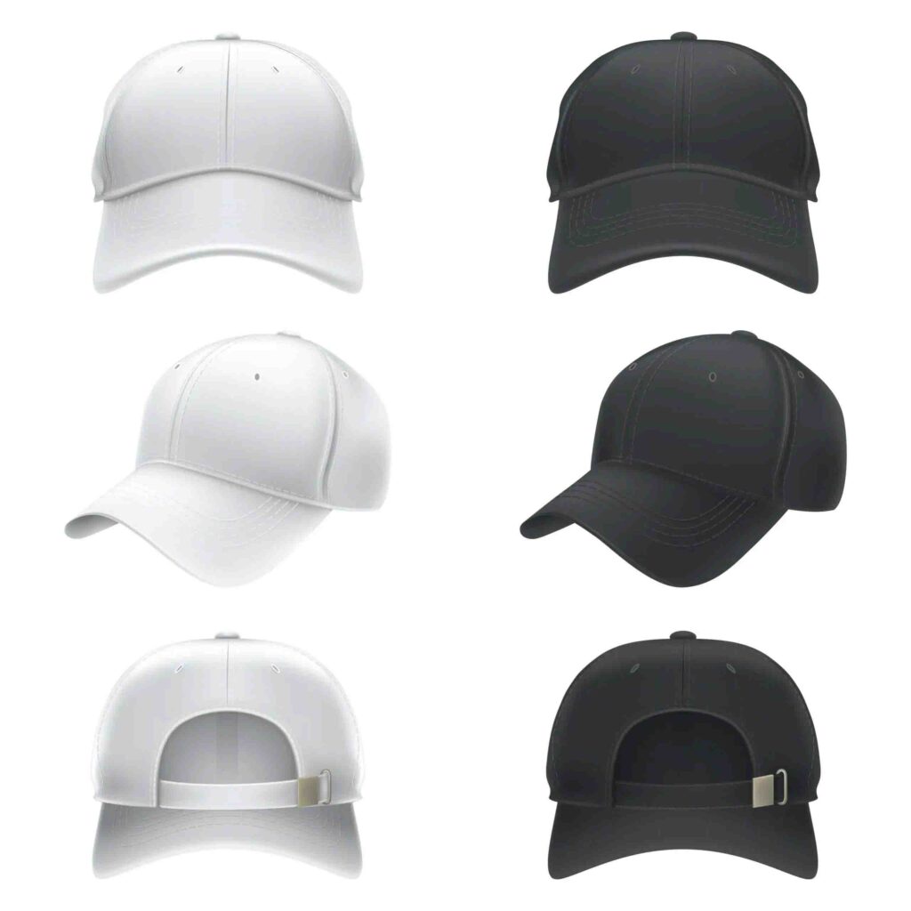 Gorras de béisbol blancas y negras desde distintos ángulos