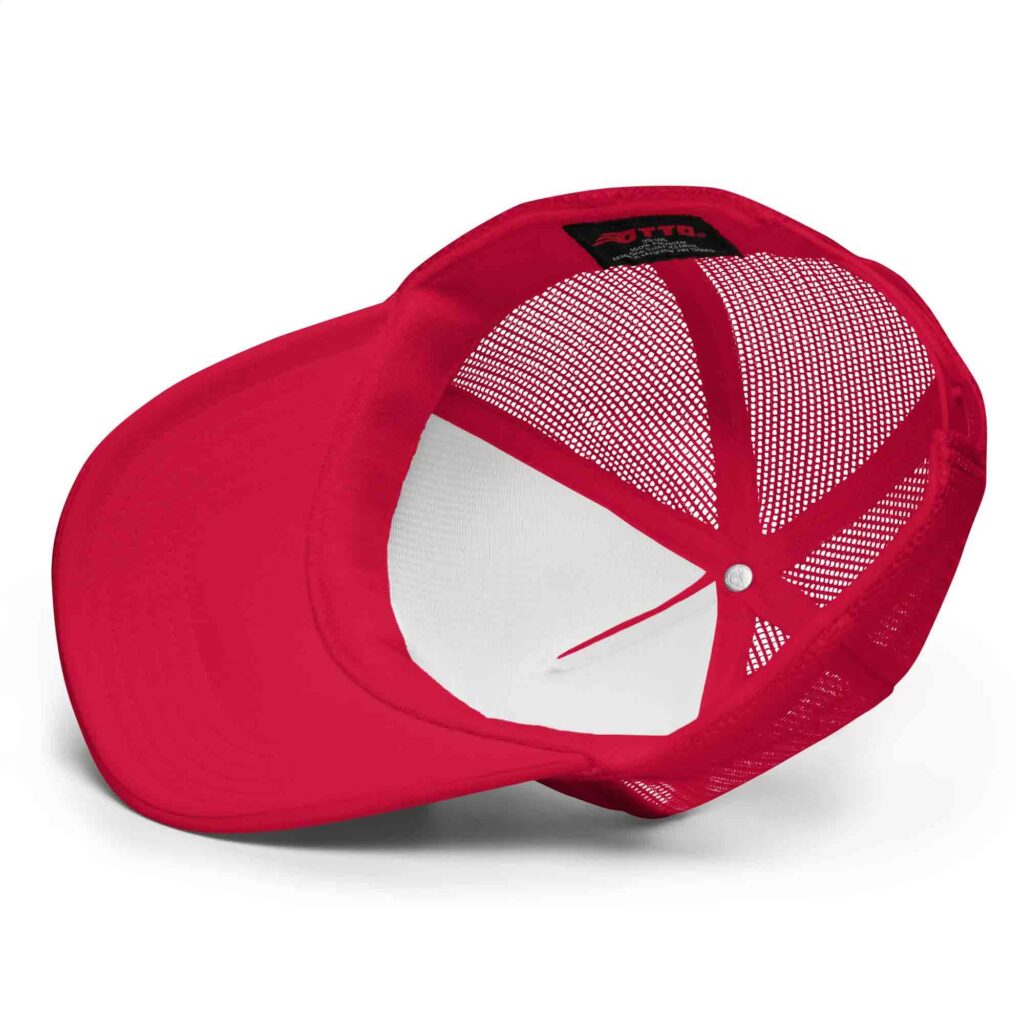 Red mesh baseball cap with curved brim and adjustable back strap.