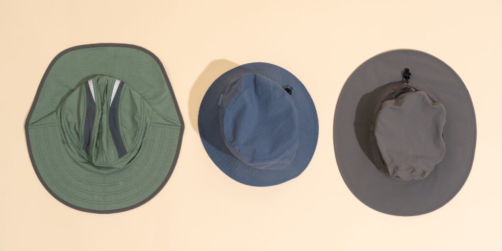 Three different colored wide brim sun hats