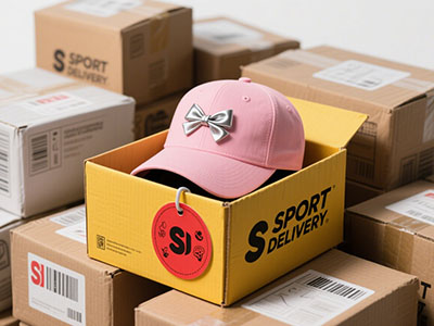 Pink baseball cap with silver bow in yellow SPORT DELIVERY box surrounded by shipping packages.