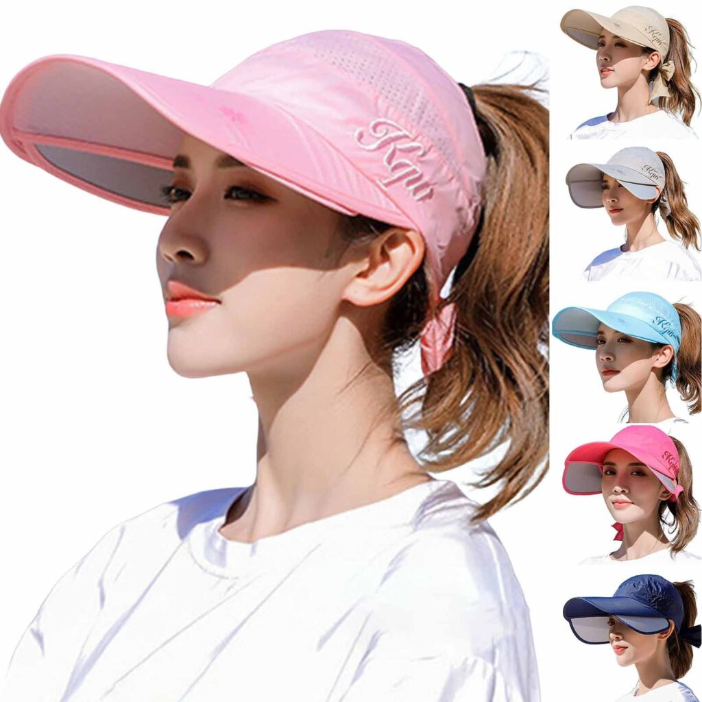Woman wearing sun visor cap for golf with ponytail hole in multiple color options